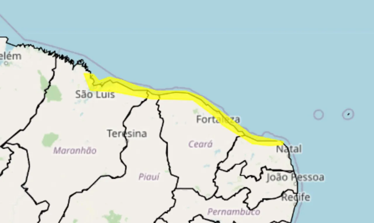 Alerta amarelo para ventos costeiros e movimenta&ccedil;&atilde;o de areia entre o litoral de RN, PI, MA e CE